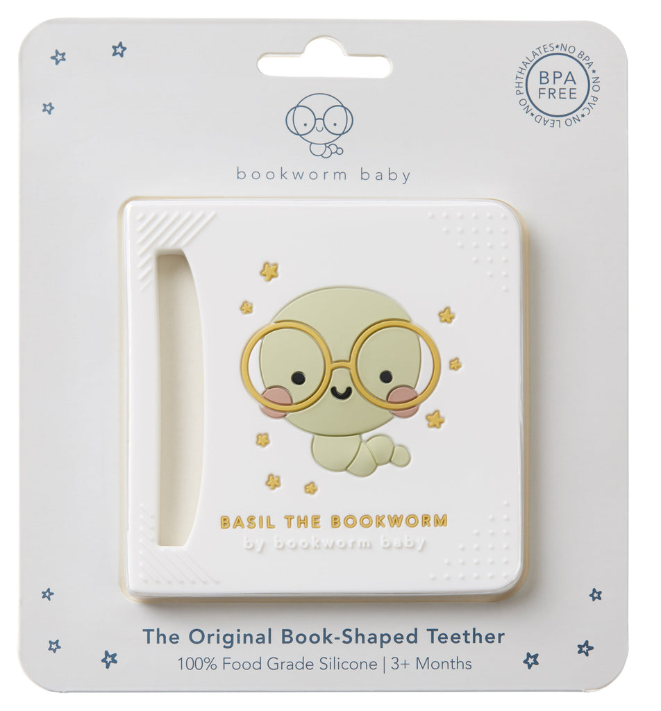 baby shower gift teether toy engaging textures bookworm easy to hold relief drooler massages gums gentle first teeth chewable safe freezer cold amazon's choice bookworm baby the bump babylist registry essentials must have pregnancy teething basil the bookworm