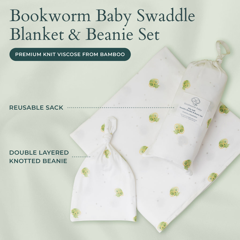 Bookworm Baby Swaddle Blanket & Beanie Set